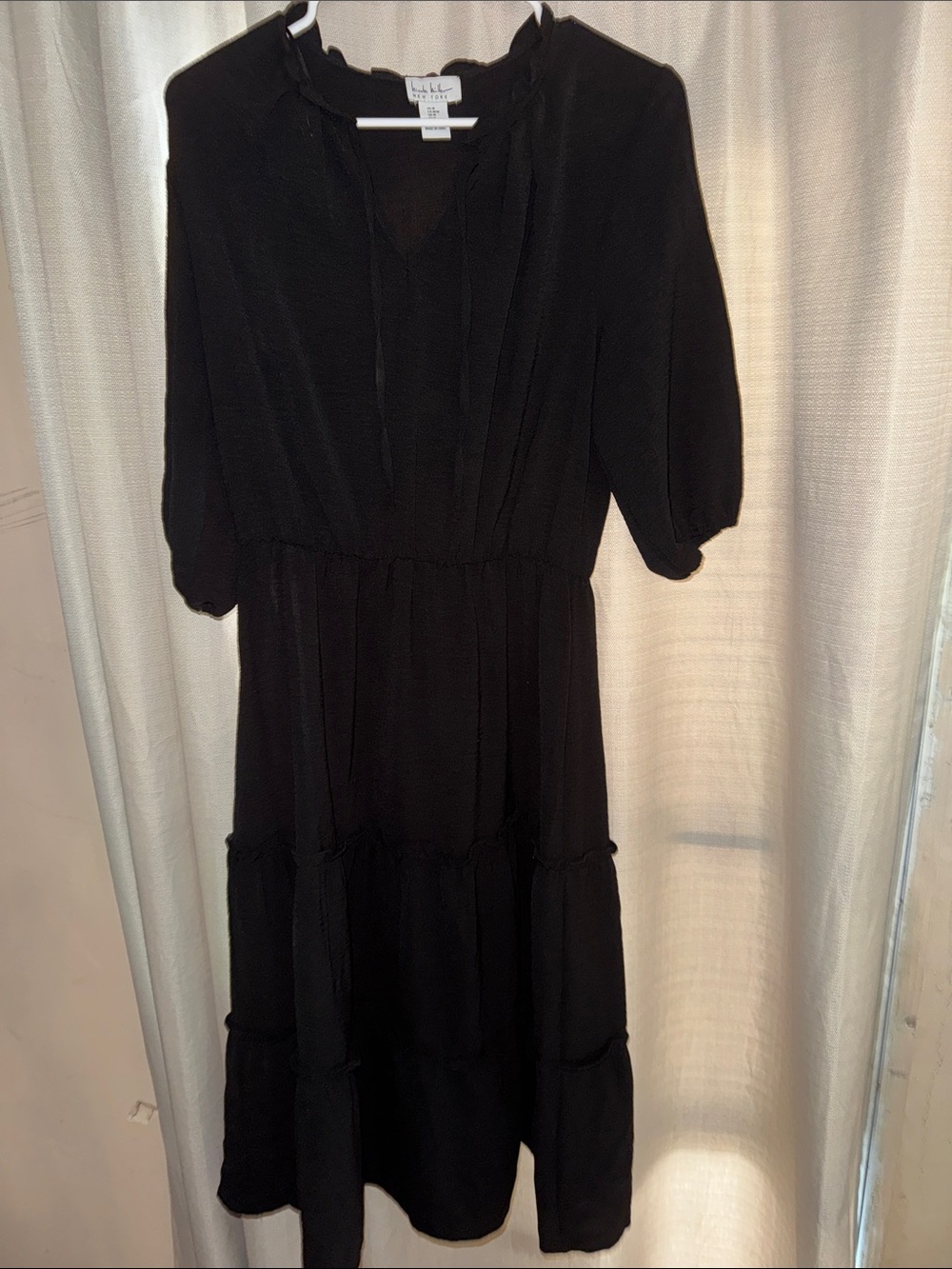 Nicole Miller Black Tiered Midi Dress with Ruffle Neck